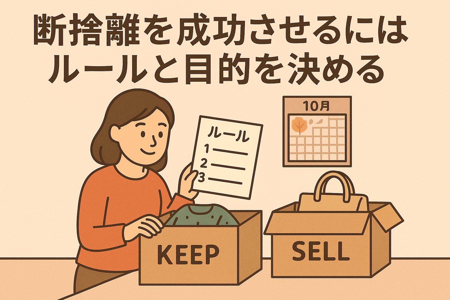 女性がルールーの紙を見ながら売るものを箱に仕分けしている絵